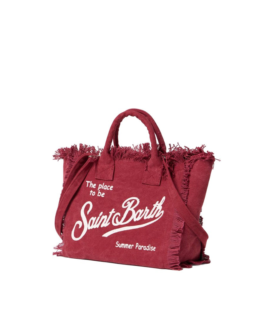 Mc2 Saint Barth Bordeaux Canvas Tote Bag With Fringed Edges And Logo