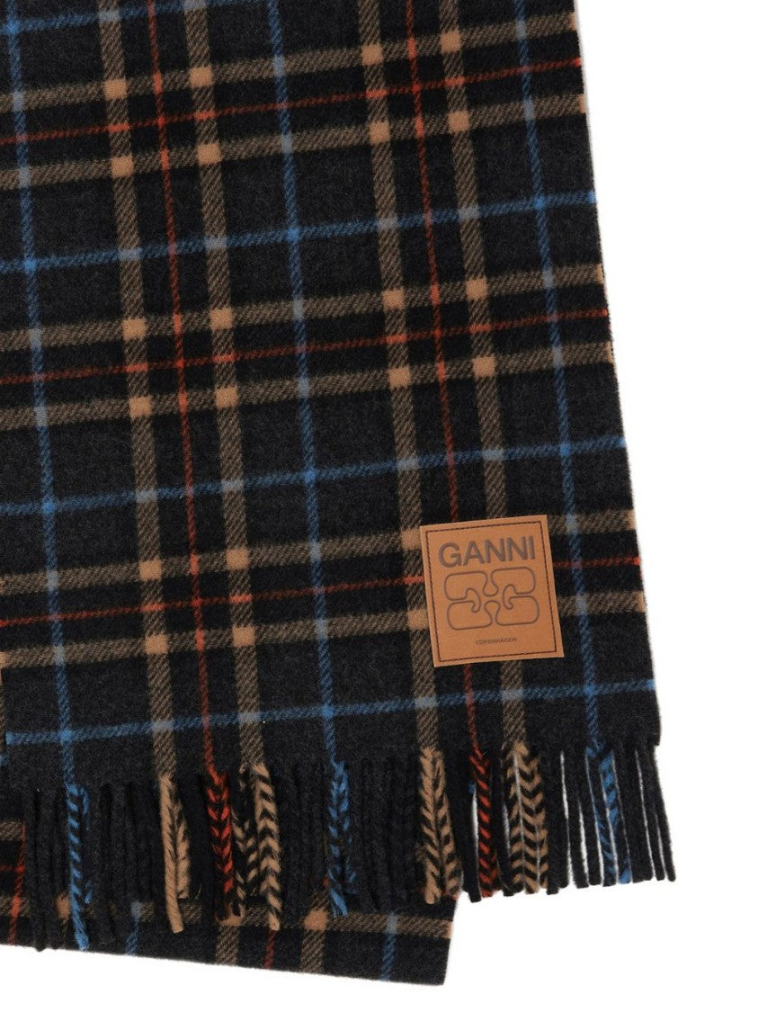 Ganni Plaid Wool Scarf With Fringed Edges