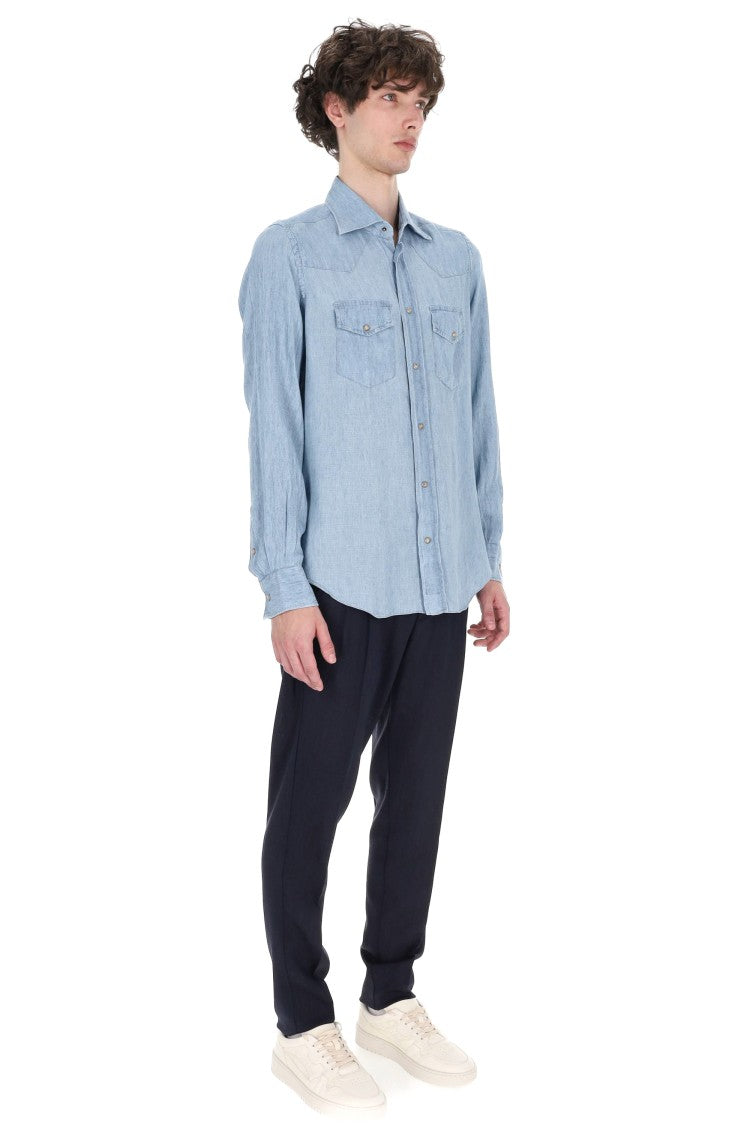 Eleventy Texas Denim Lyocell-Linen Casual Shirt