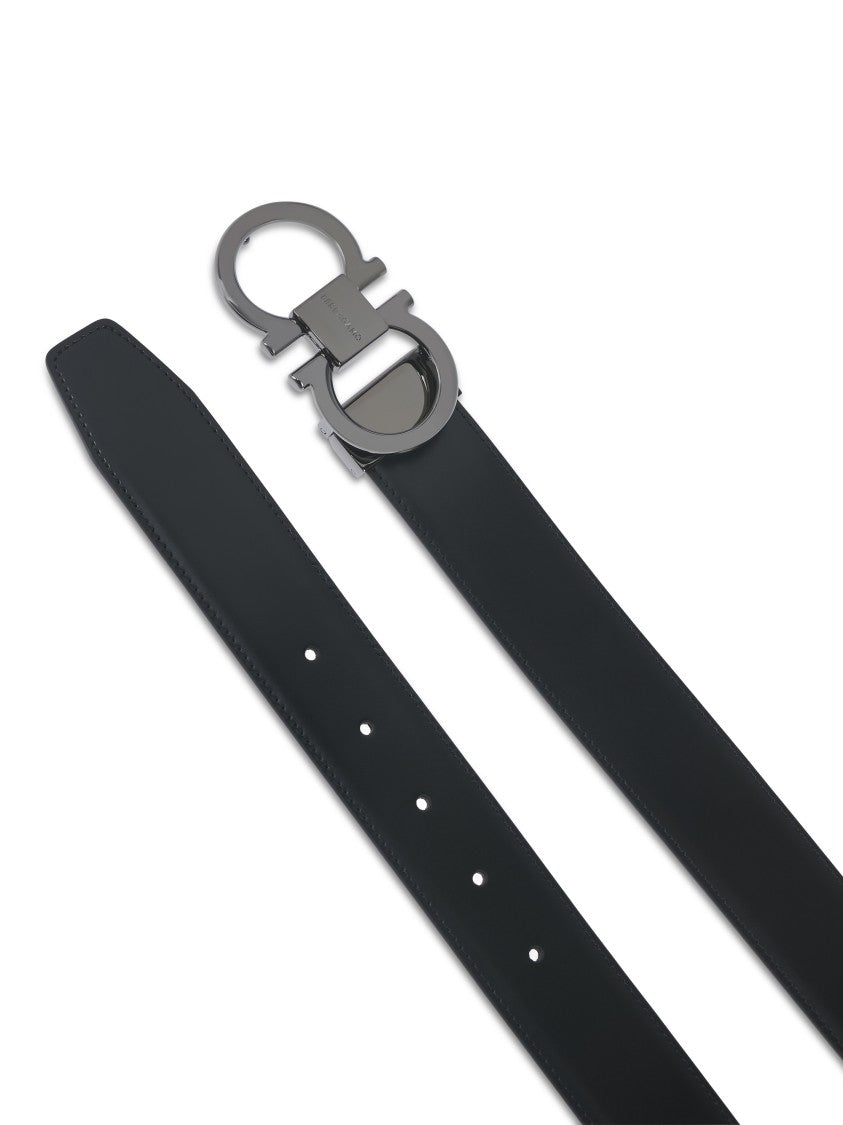 Ferragamo Polished Double Gancini Buckle Belt In Calf Leather