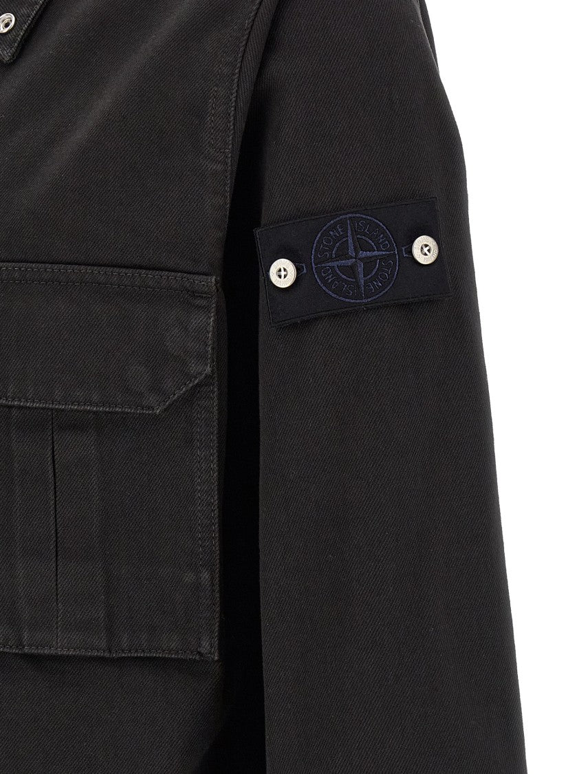 Stone Island Structured Black Denim Overshirt With Zip Closure