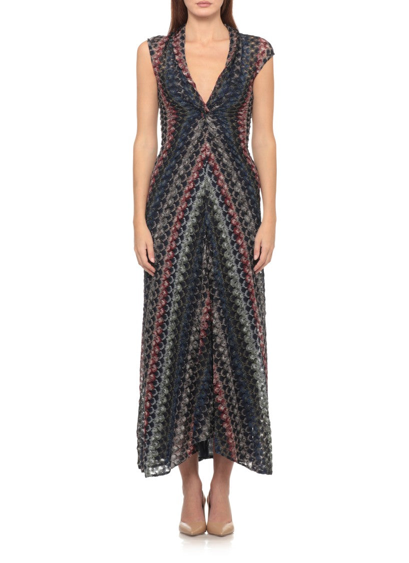 Missoni Blue V-Neck Draped Lurex Viscose Dress