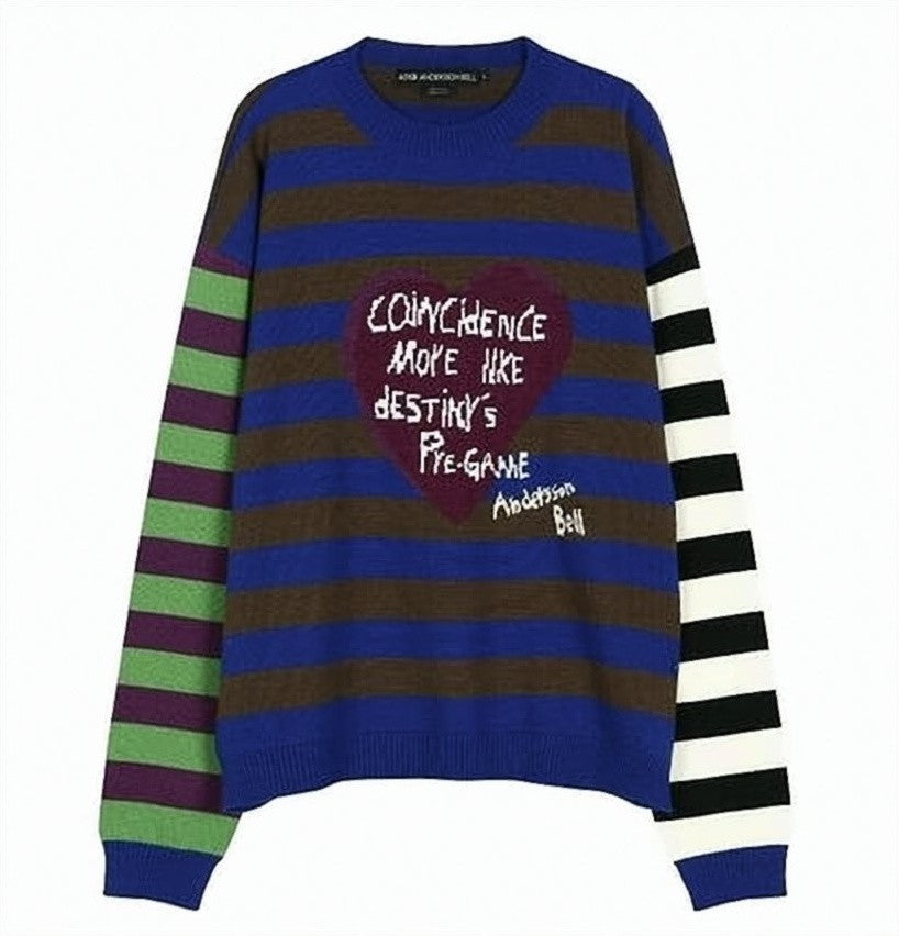 Andersson Bell Striped Sweater With Mismatched Sleeves And Heart Patch