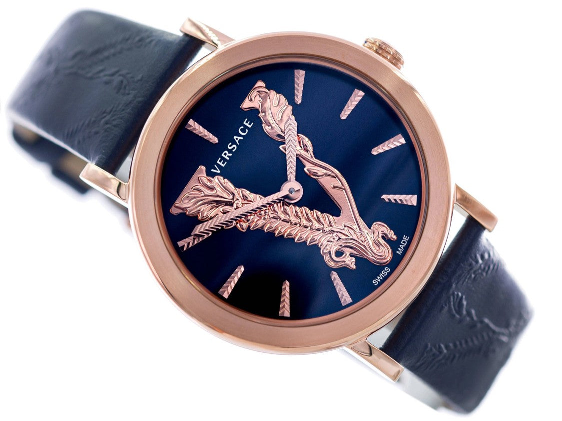 Versace Rose-Gold Tone Stainless Steel Watch With Blue Dial And Leather Strap