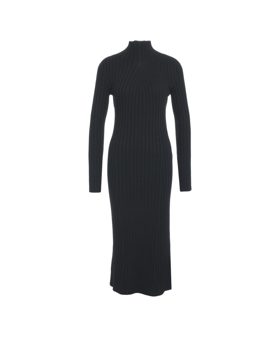 Alpha Tauri Fitted Black Maxi Dress With High Collar And Ribbed Knit Texture