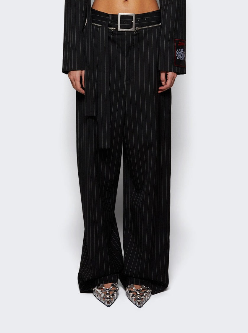 Jean Paul Gaultier Pinstripe Wool Belted Suit Pants Black