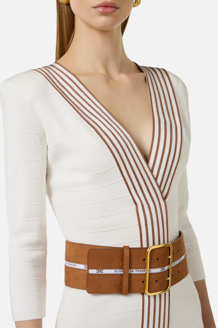 Elisabetta Franchi White Tan Striped Leather Belt Viscose-Blend Dress