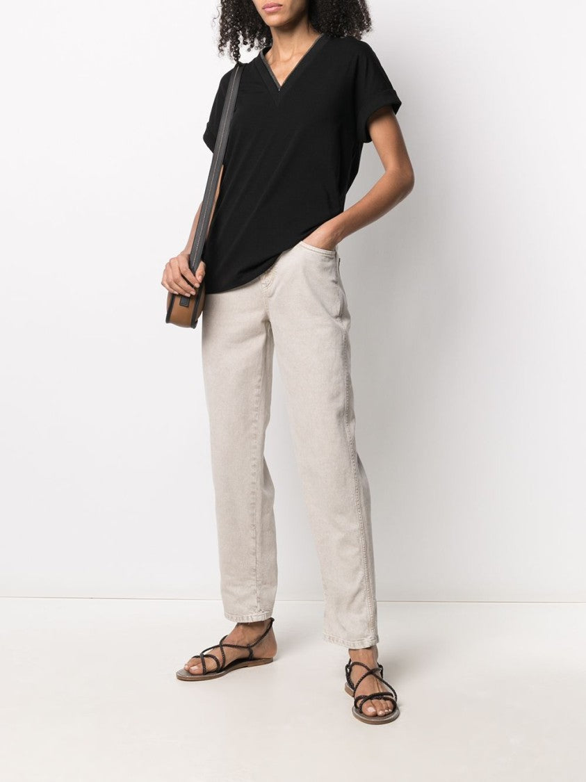 Brunello Cucinelli Black Cotton-Blend V-Neck Top