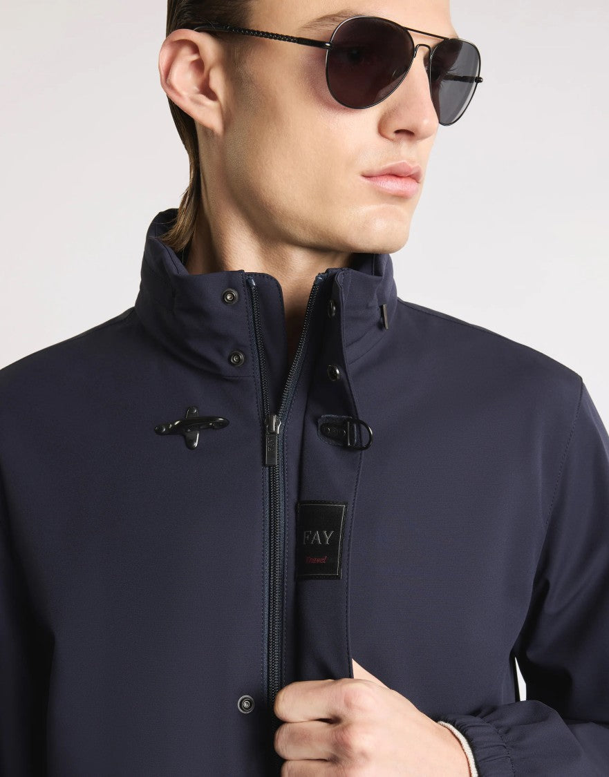 Fay Versatile Navy Stretch Jacket With Leather Accents