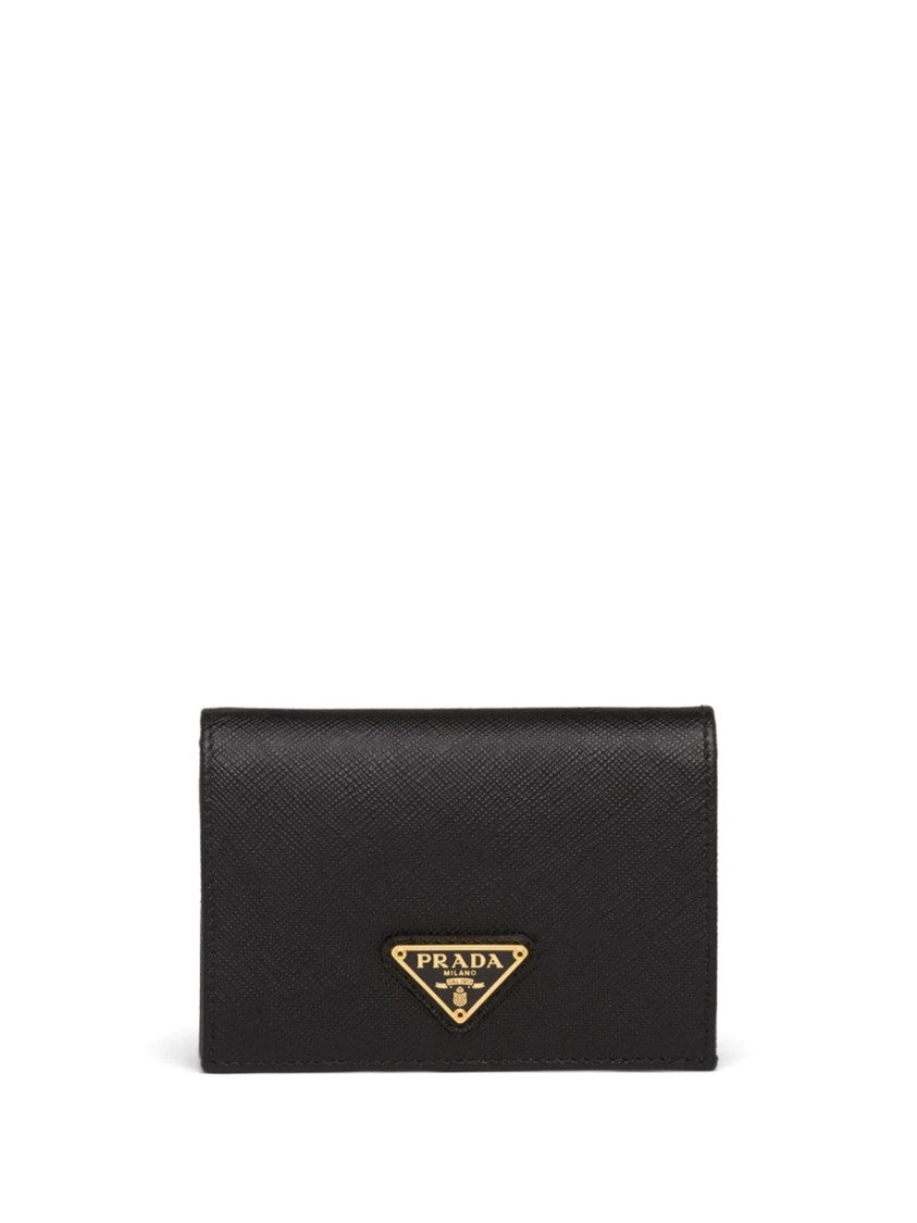 Prada Gold Triangular Logo Textured Leather Wallet