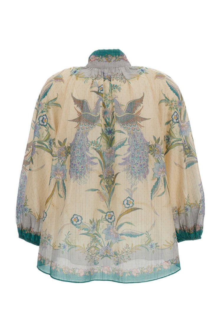 Zimmermann Cream Indra Billow Floral Cotton-Silk Blouse