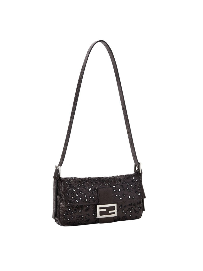 Fendi Black Geometrically Cut Mirror Calfskin Baguette Shoulder Bag