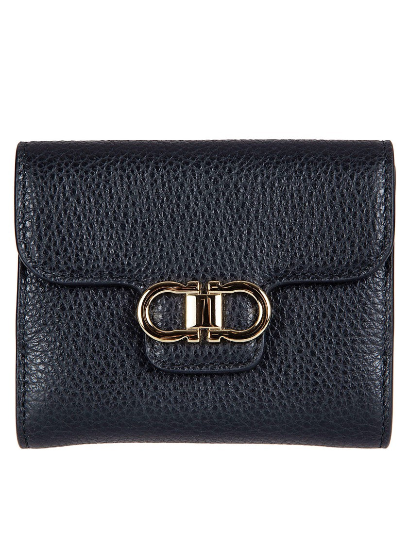 Ferragamo Pebbled Calf Leather Wallet With Double Gancini Buckle