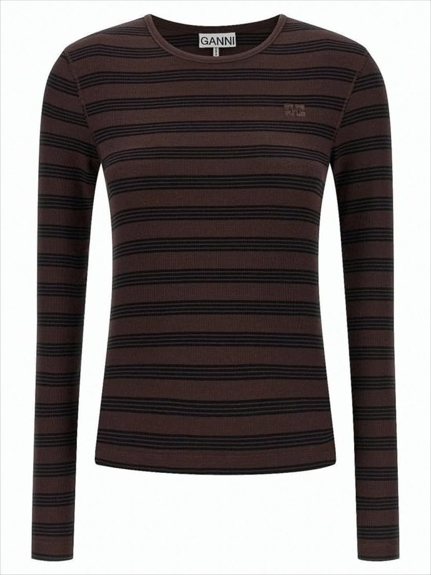 Ganni Fitted Long Sleeve Top With Horizontal Stripes