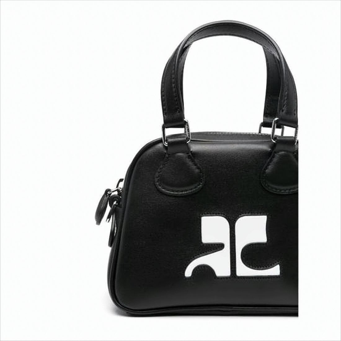 Courrèges Structured Black Calf Leather Tote Bag With Contrasting Logo