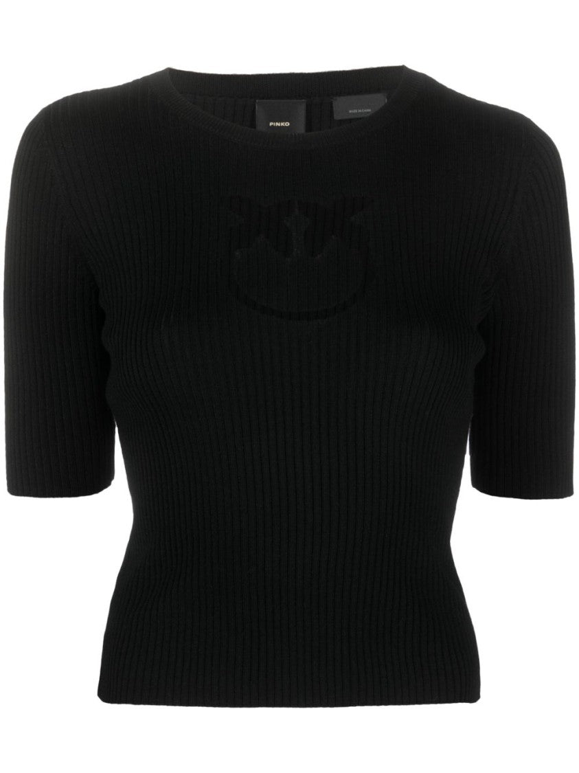 Pinko Fitted Ribbed Knit Sweater With Sheer Logo Detail