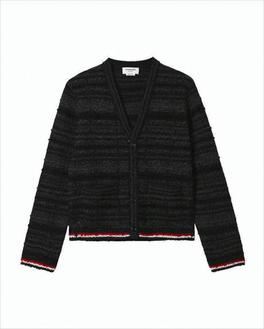 Thom Browne Textured Knit Cardigan With Horizontal Stripes
