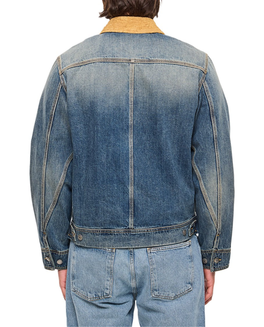 Alexander Mcqueen Denim Workwear Jacket With Distinctive Tan Collar And Multiple Pockets
