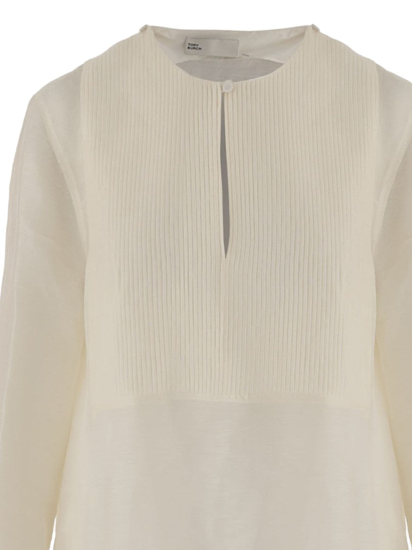 Tory Burch Ivory Linen-Silk Blend Dress With Mandarin Collar