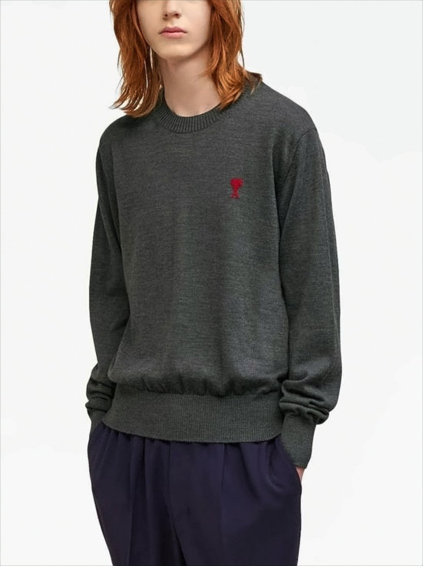 Ami Paris Classic Wool Sweater With Ribbed Details And Signature Logo