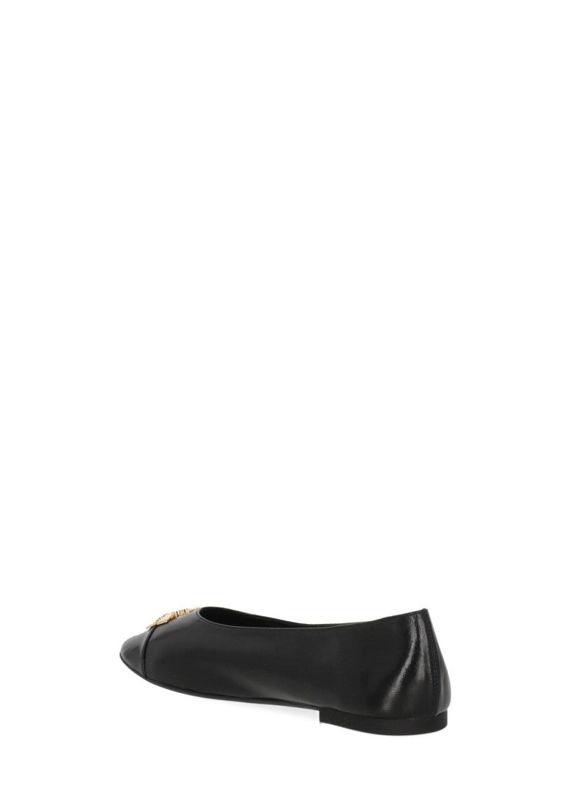 Tory Burch Black Pointed Toe Gold Emblem Leather Flats