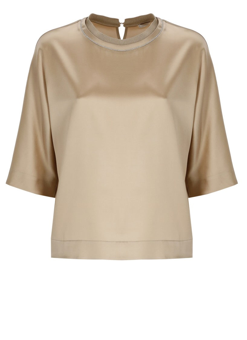 Peserico Gold Silk Round Neck Blouse