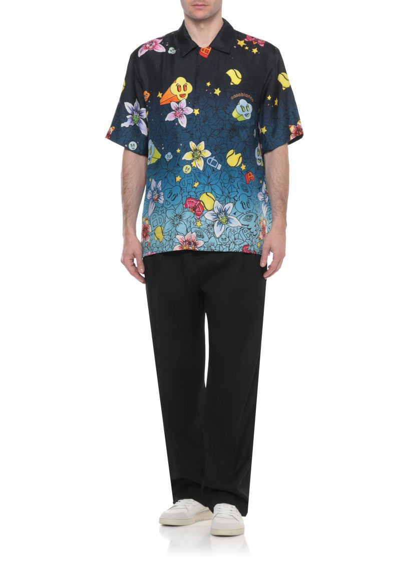 Casablanca Blue Collage Graffiti Silk Shirt