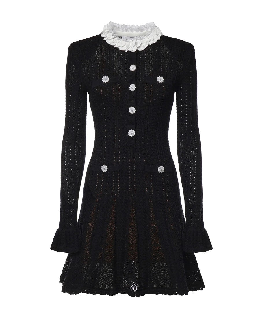 Self-Portrait Knit Jewel Button Floral Trim Mini Dress