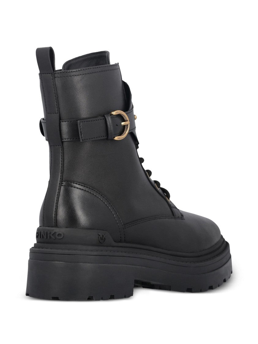 Pinko Black Mia Gold-Tone Buckle Leather Boots