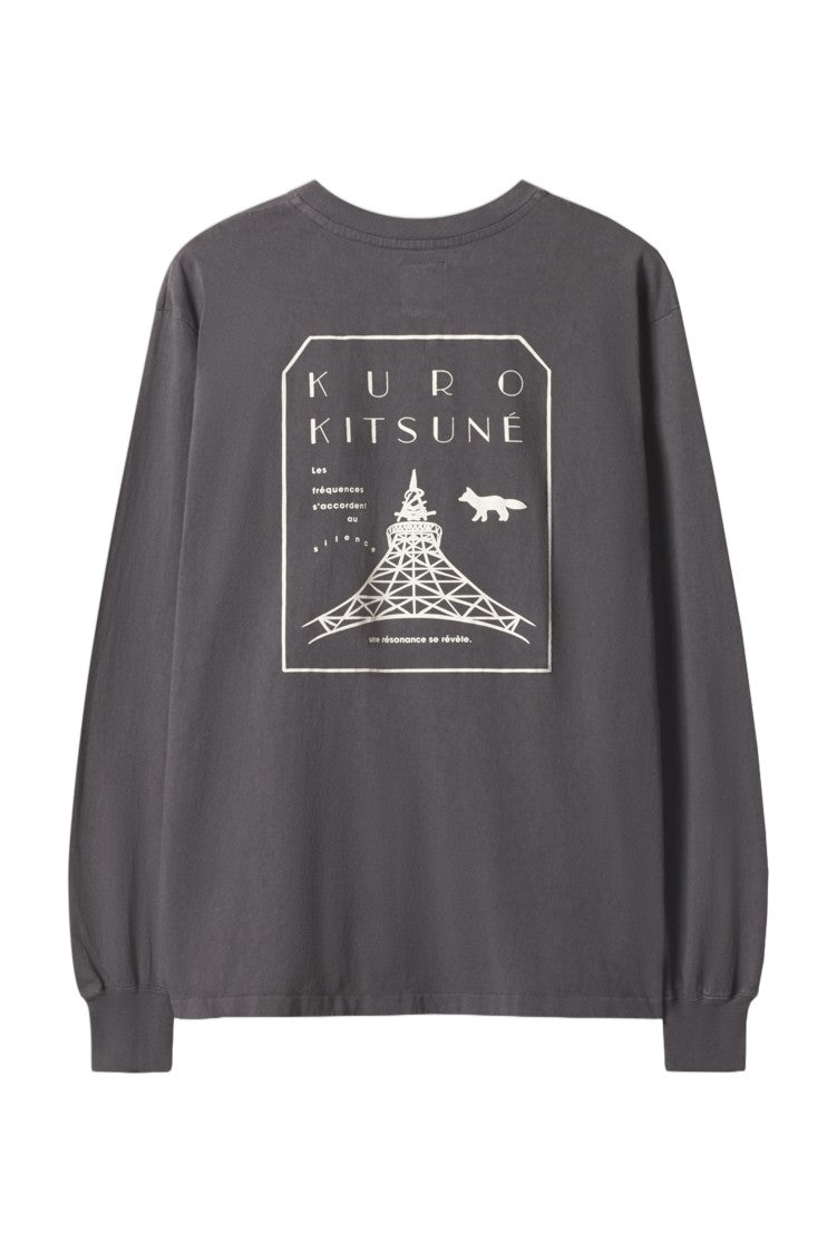 Maison Kitsuné Faded Black Graphic Ribbed Crew Neck Long-Sleeve T-Shirt