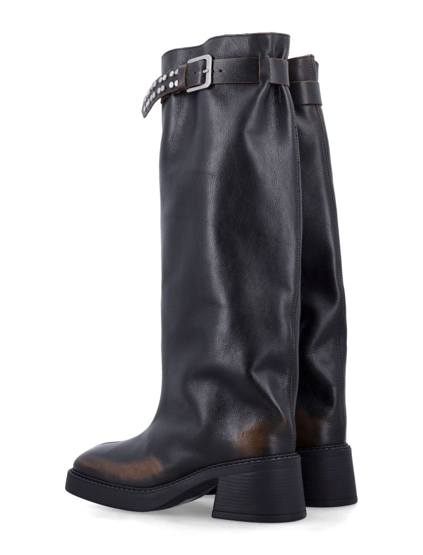 Miista Kristel Distressed-Leather Studded-Strap Boots
