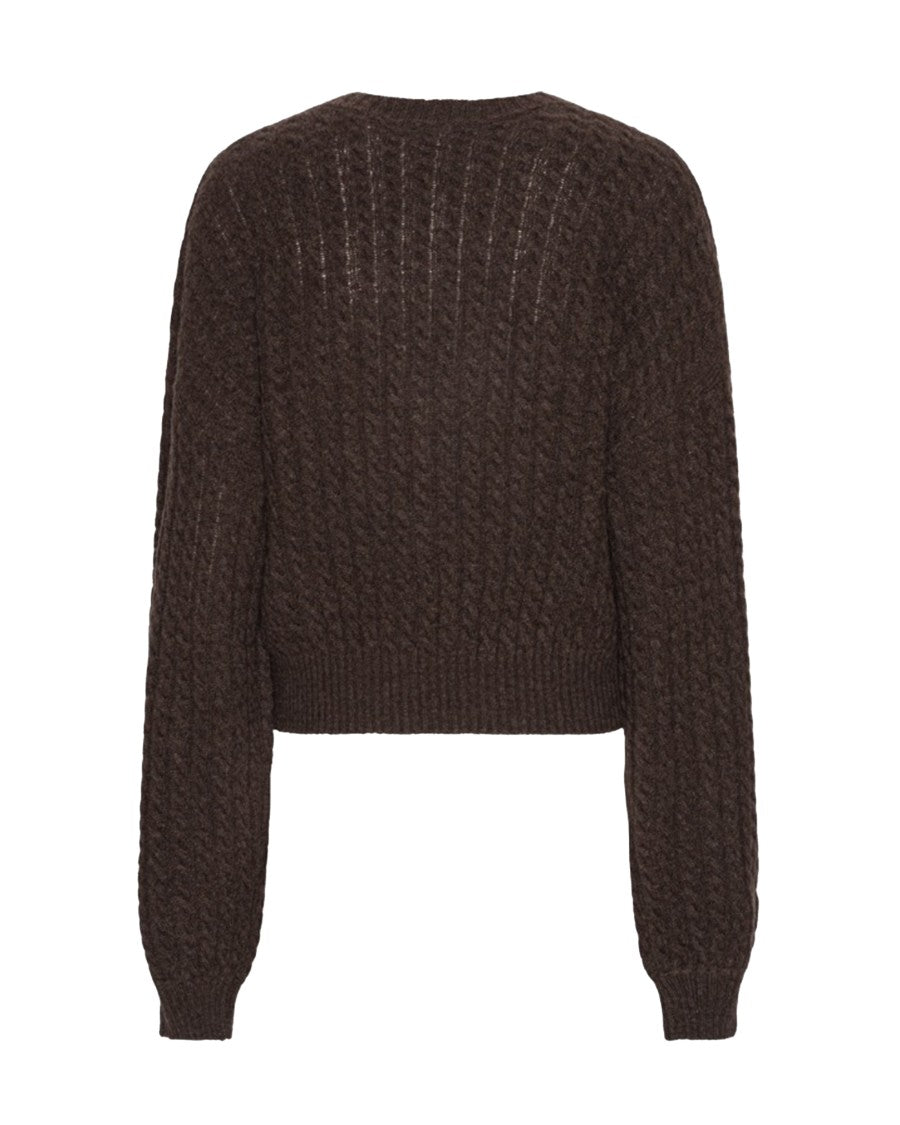 Rotate Cropped Cable-Knit Sweater With Deep V-Neck And Ribbed Edges