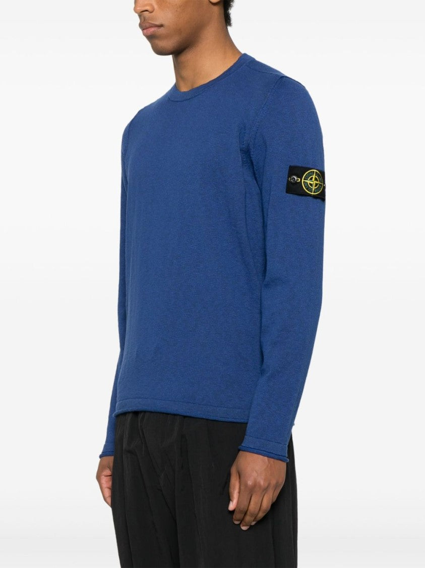 Stone Island Crew Neck Blue Sweater With Distinctive Logo Patch