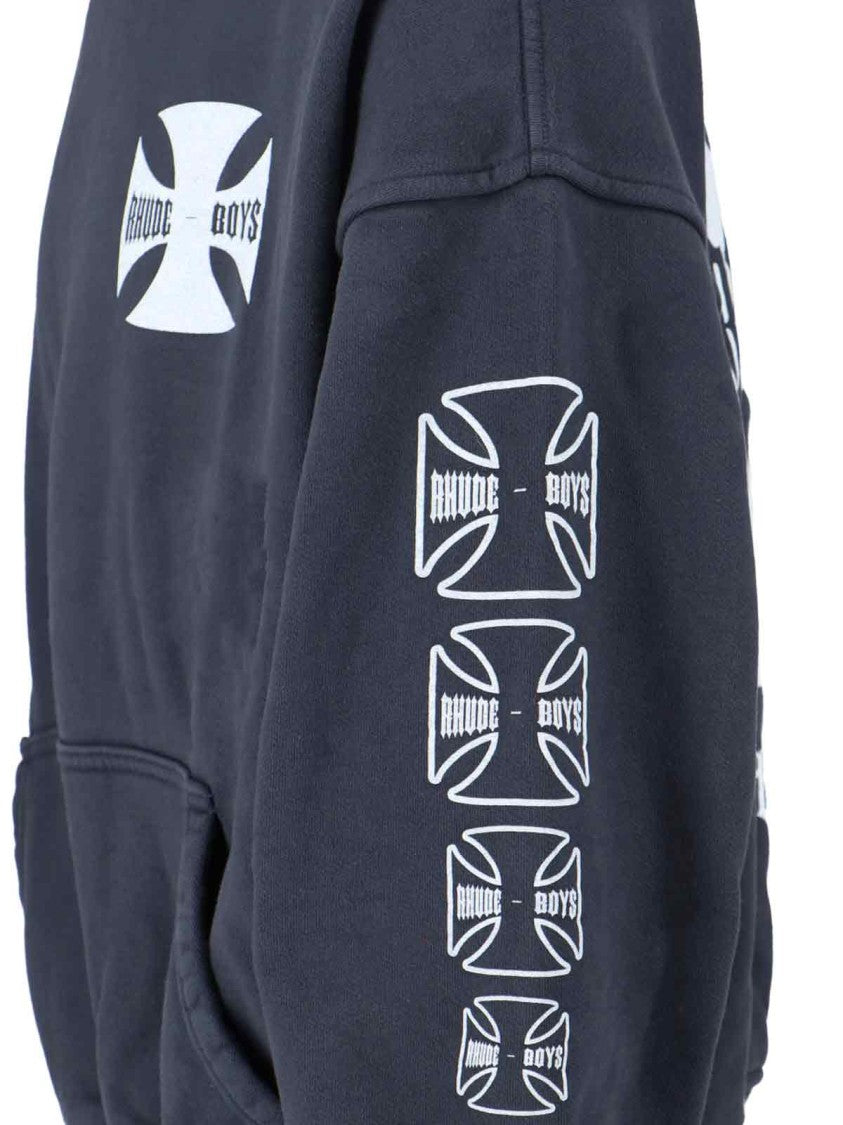 Rhude Contrast Print Black Hoodie With Kangaroo Pocket