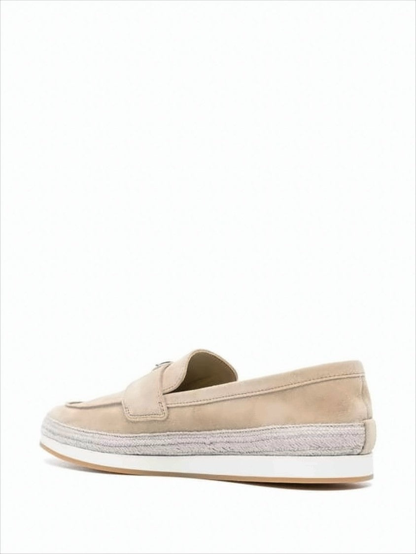 Prada Sleek Suede And Calf Leather Loafers With Metallic Logo Plaque