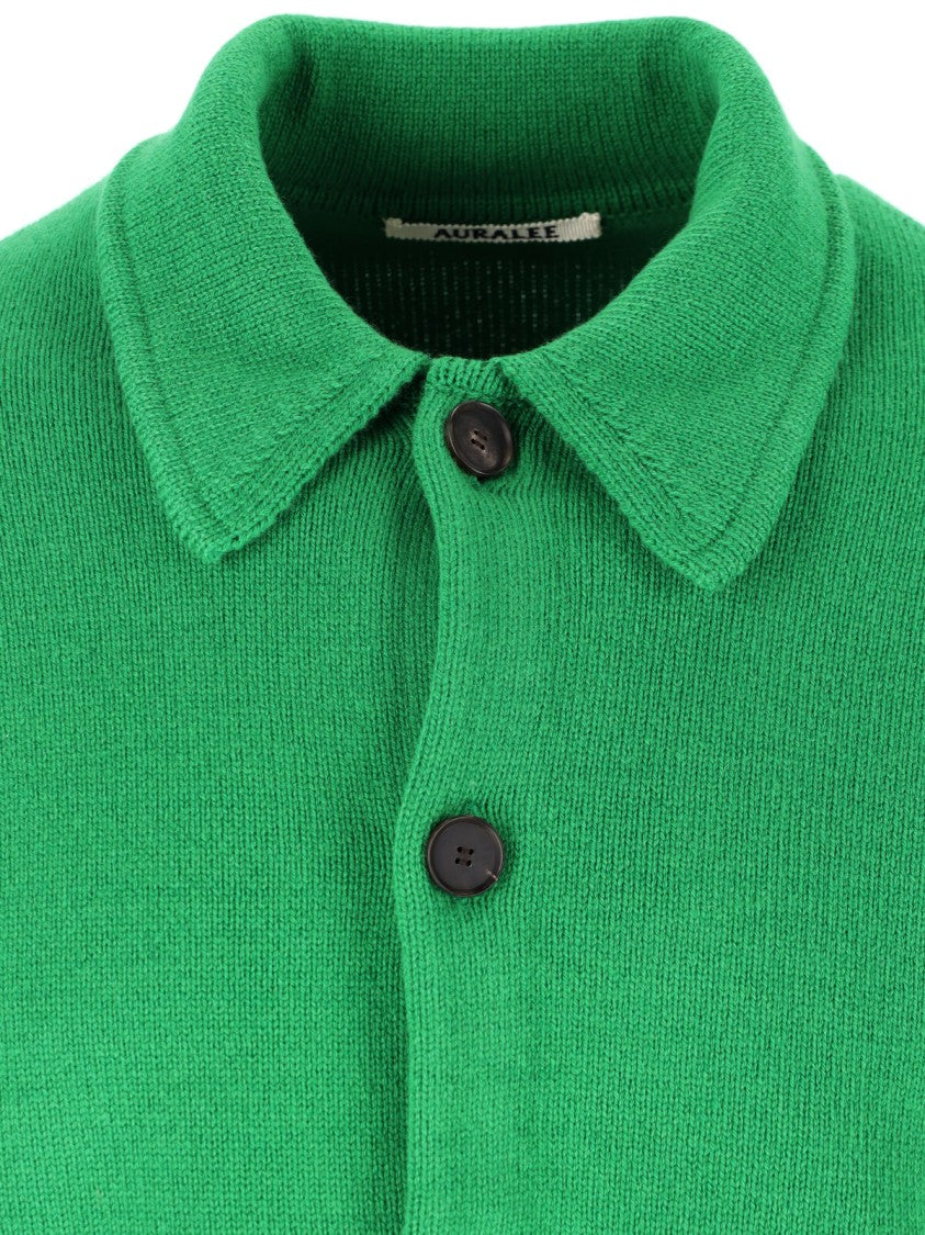 Auralee Green Classic-Collar Wool Cardigan