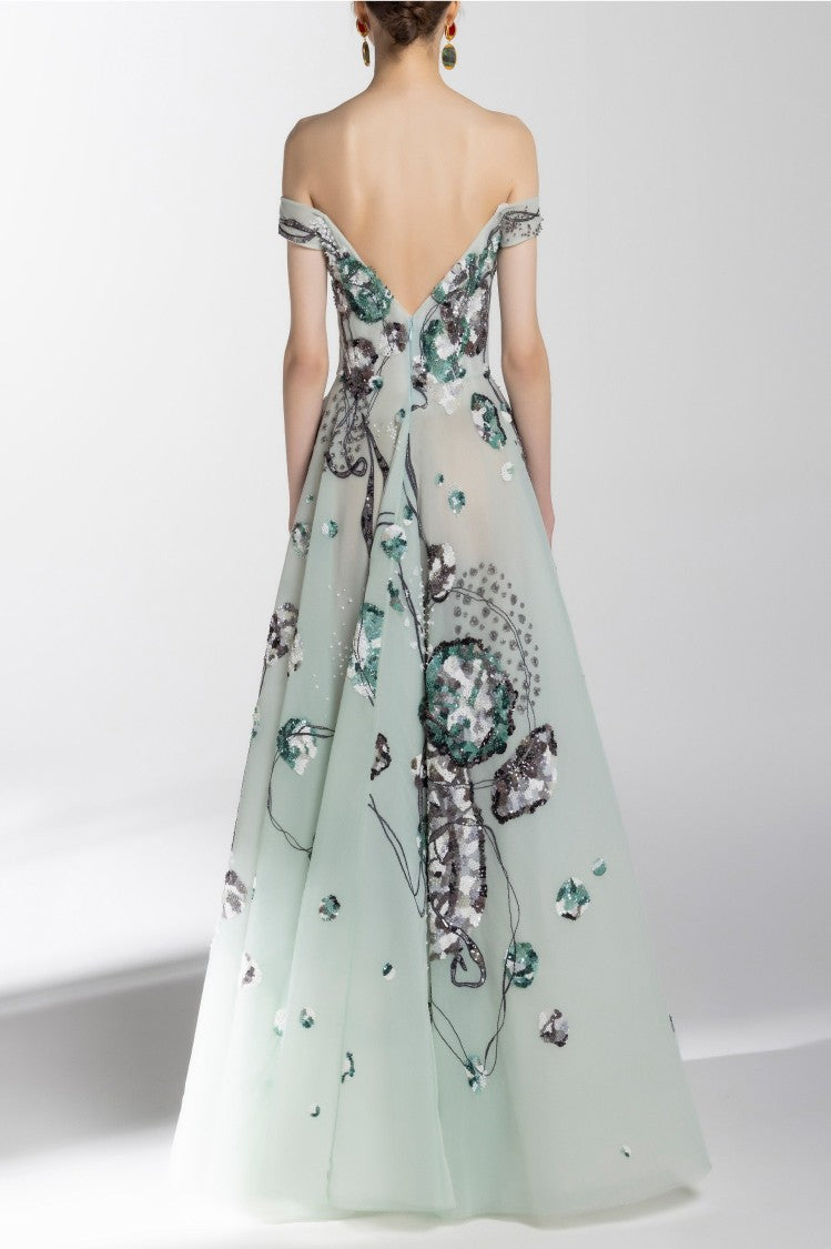 Saiid Kobeisy High-Low, Off-Shoulder Tulle Beaded Dress