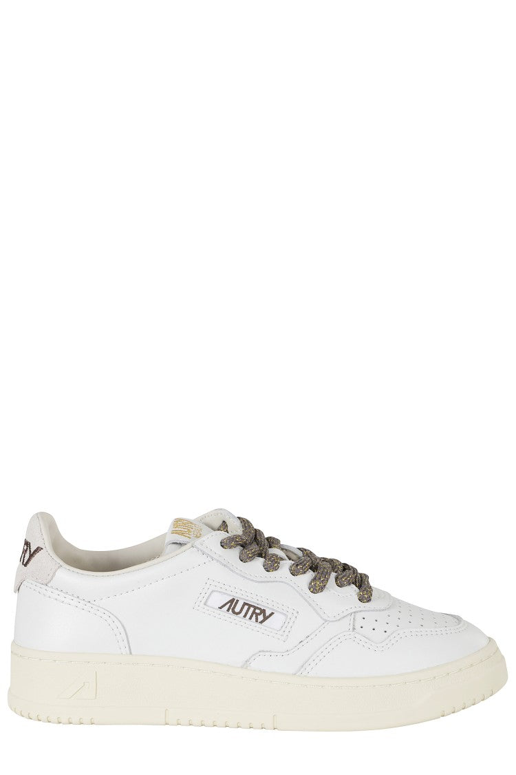 Autry White Medalist Low Suede Heel Tab Gold Laces Leather Sneakers