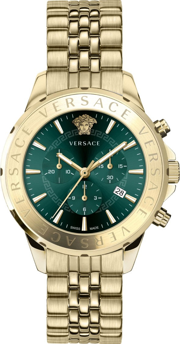 Versace Chronograph Watch With Green Dial And Gold-Tone Finish