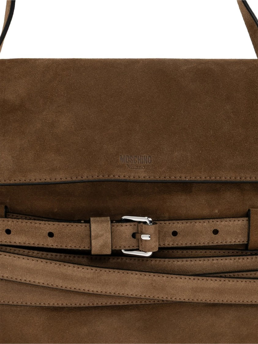 Moschino Brown Large Rectangular Suede Handbag With Belts