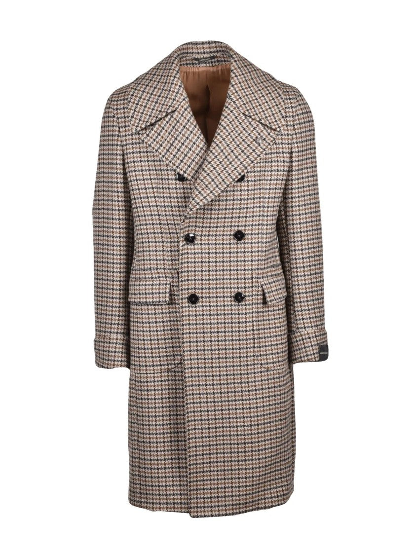 Gabriele Pasini Beige/Brown Double-Breasted Houndstooth Wool Coat