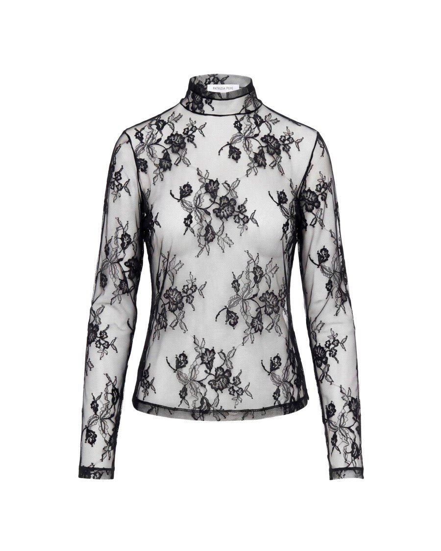 Patrizia Pepe Embroidered Tulle High-Neck Top