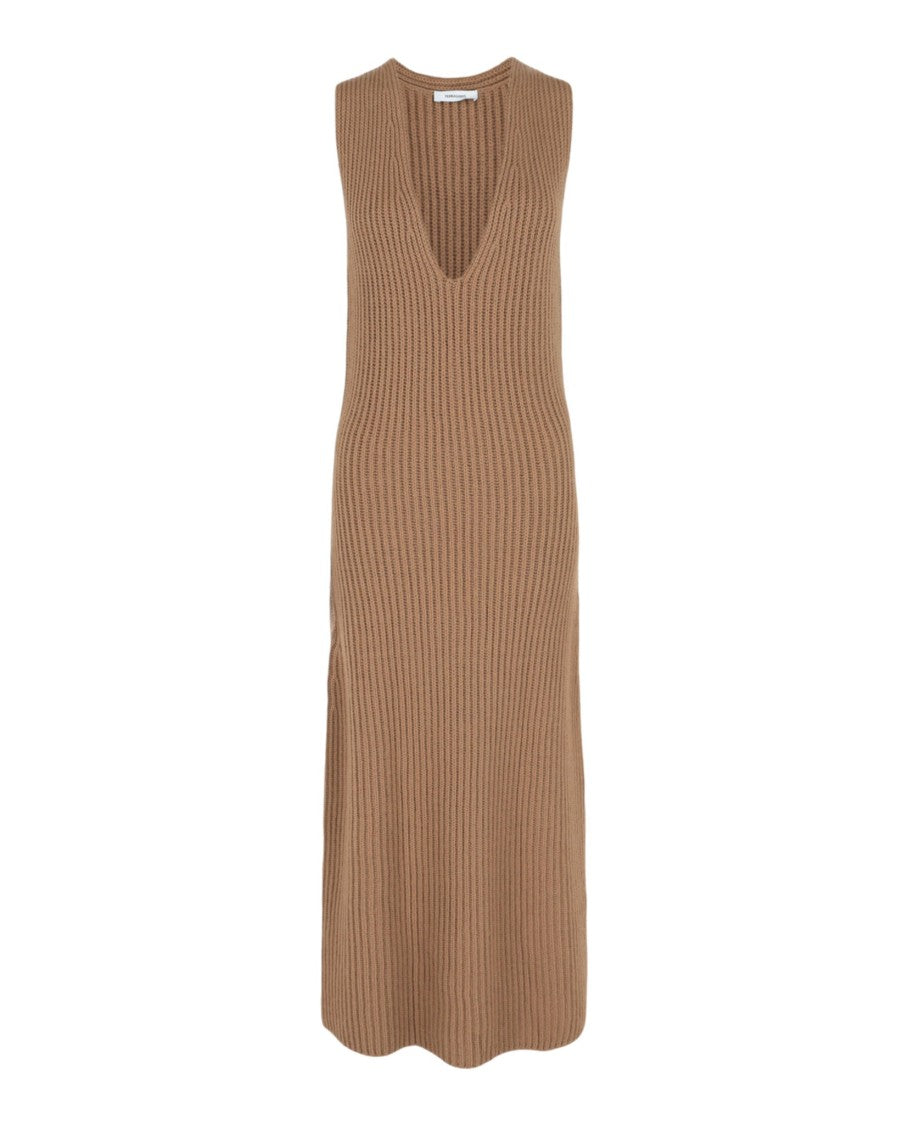 Ferragamo Ribbed Knit Midi Dress With Deep V-Neck And Flared Hem