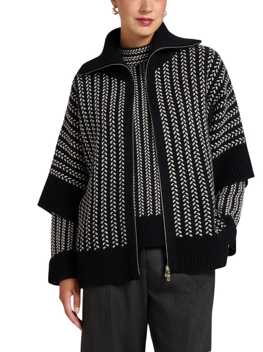 Elena Miro` Kimono High-Collar Wool Knit Zip Jacket