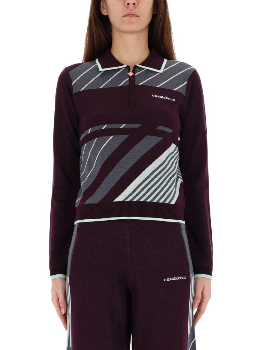 Casablanca Fitted Long-Sleeve Polo With Zip-Up Collar And Diagonal Stripes