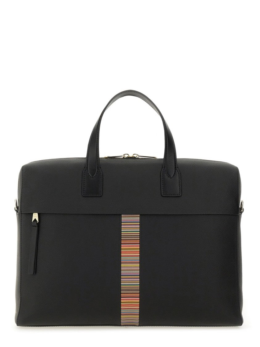 Paul Smith Rectangular Leather Briefcase With Multicolored Stripe Detail