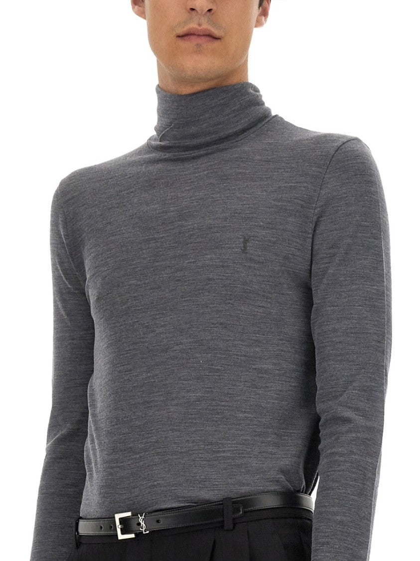 Saint Laurent Slim-Fit Turtleneck Wool Jersey With Subtle Embroidery