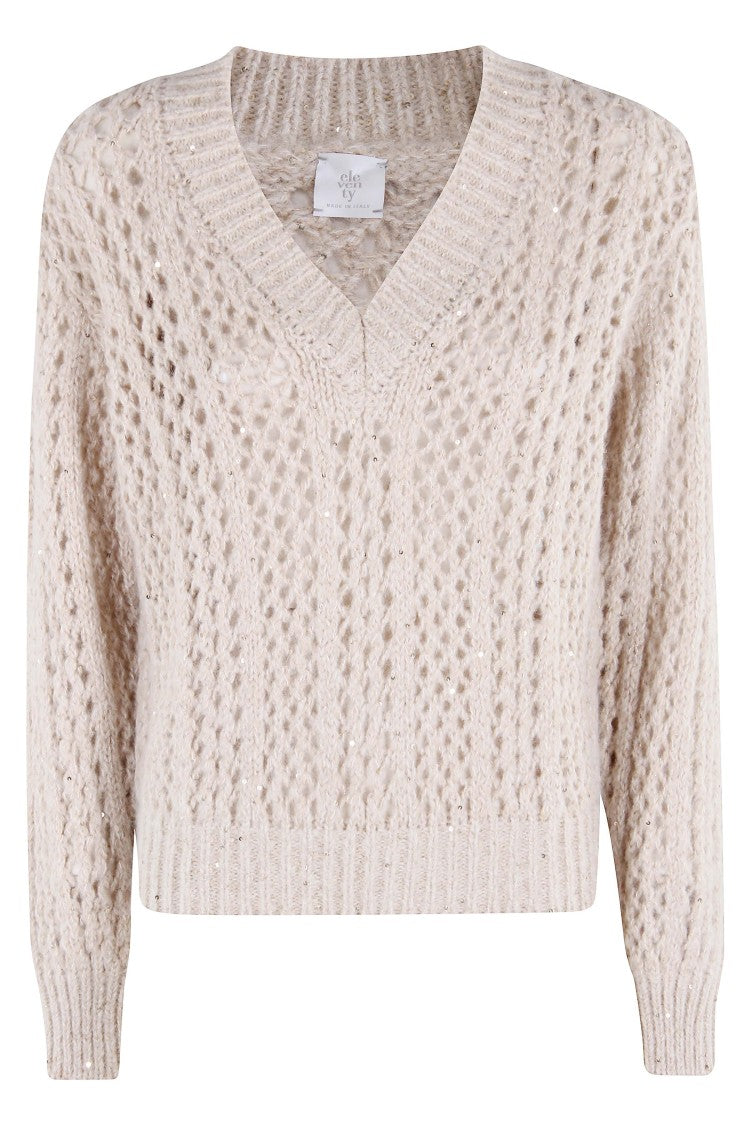 Eleventy Perforated Wool Sweater With Sequined Inserts