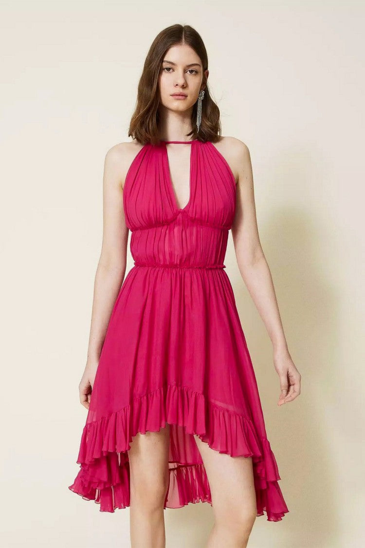 Twin-Set Fuchsias Halter-Neck High-Low Ruffle Viscose Day Dress
