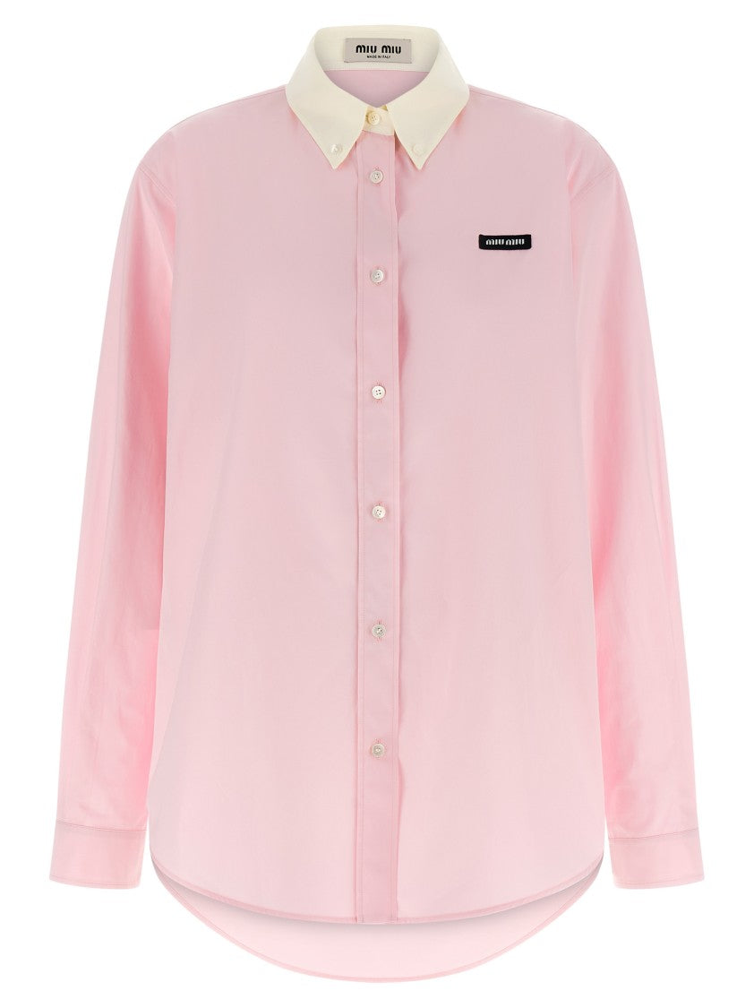 Miu Miu Cotton Poplin Shirt With Contrast Collar And Logo Embroidery